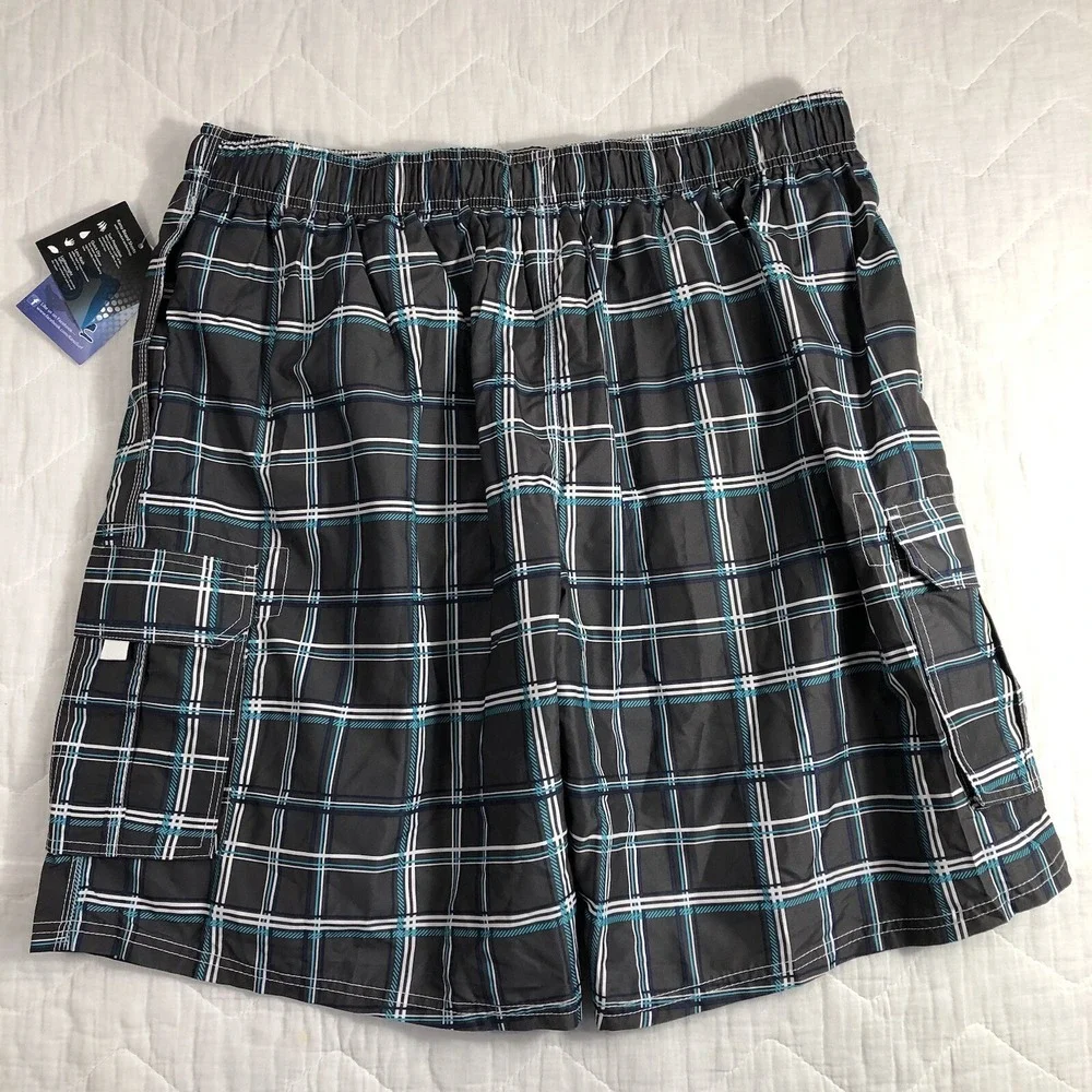 Kanu Surf Board Shorts Men's Plus 3X Gray Blue White Plaid Cargo Swim Trunks NWT